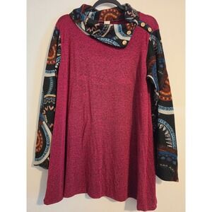 Now N Forever Tunic Top Womens 2X Magenta Rayon Blend Boho Tribal Cowl Neck L/S